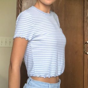 LIGHT BLUE STRIPED CROP TOP- RUFFLE BOTTOM